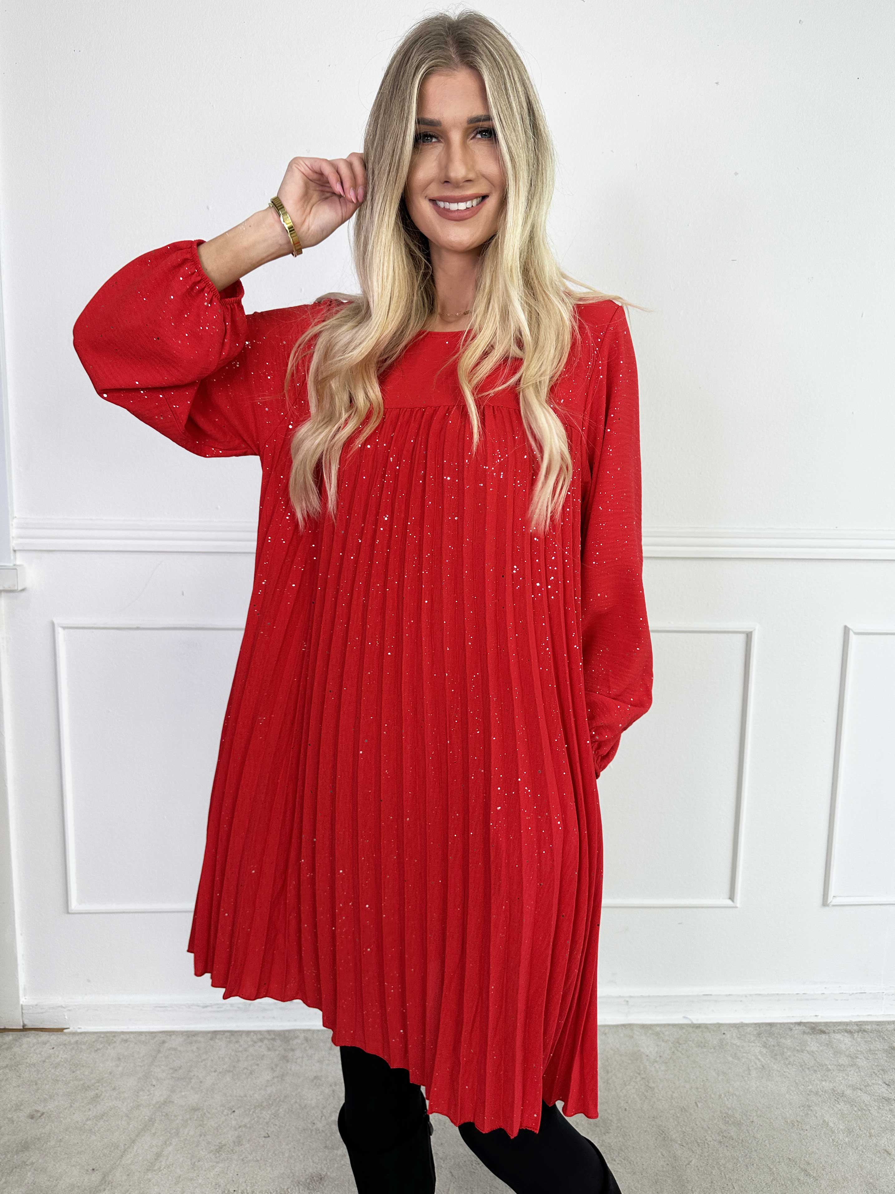 Nancy Glitter Short L/S - Plisseret kjole med lommer og glimmer